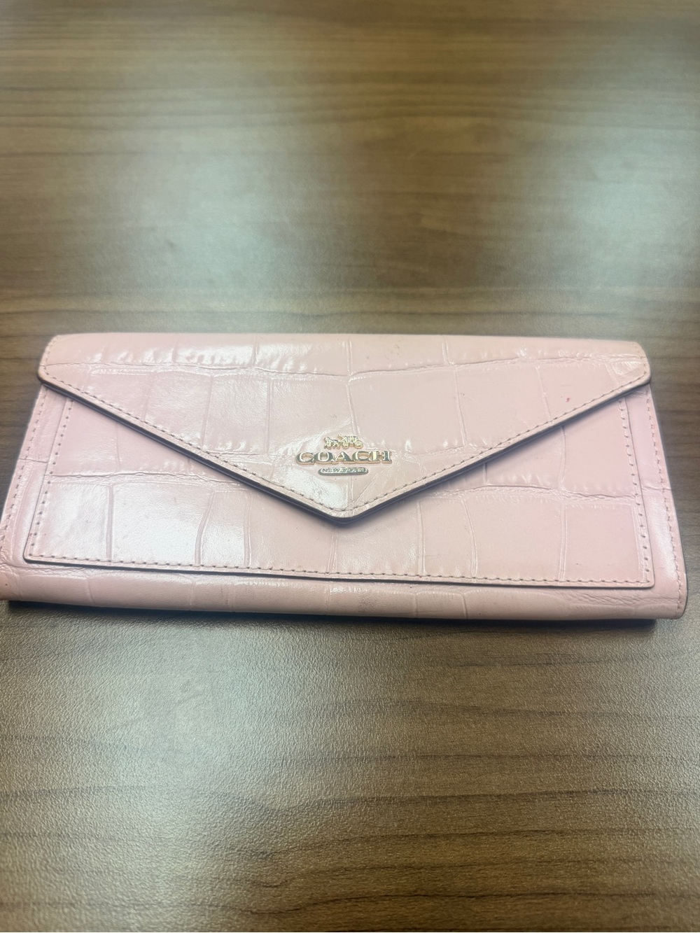Coach Pink Croc-Embossed Envelope Wallet with Gold Logo